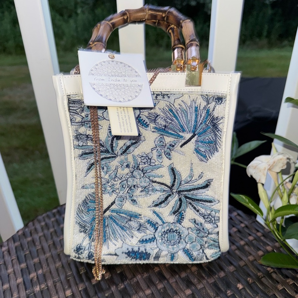 Floral Embroidered Bag with Bamboo Handles